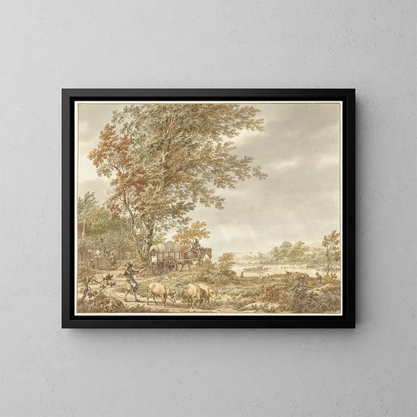 Landscape painting of hills with a pig keeper and other elements, a river in the distance - Jacob Cats — framed artwork on a wall