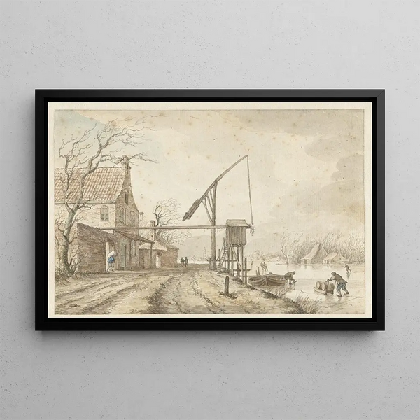 Winter landscape painting with houses and a lever along an icy canal - Jacob Cats — framed artwork on a wall
