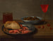 van een bord garnalen en een rol, een kom olijven, een Venetiaanse fazant, een glas bier en amandelen op een tafel - Jacob Foppens van Es — weergave van het kunstwerk