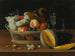Natuurschilderij met een mand met fruit, een bril en een gesneden meloen op een tafel - Jacob Foppens van Es — weergave van het kunstwerk