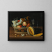 Natuurschilderij met een mand met fruit, een bril en een gesneden meloen op een tafel - Jacob Foppens van Es — ingelijst kunstwerk aan de muur