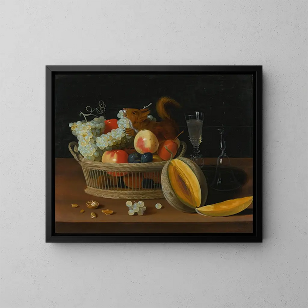 Nature morte avec un panier de fruits, des lunettes et un melon coupé sur une table - Jacob Foppens van Es — framed artwork on a wall