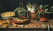 Natuurgetuigenis met een vis op een terracotta bord, aspergeboten, artisjokken en kersen in een festonvormige schaal - Jacob Foppens van Es — weergave van het kunstwerk