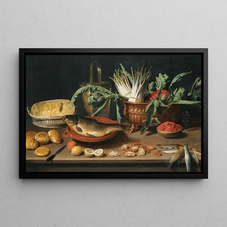 Jacob Foppens van Es - Still Life With A Fish On A Terracotta Plate Bunches Of Asparagus Artichokes And Cherries In A Scalloped Dish.webp