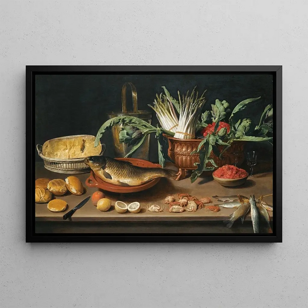 Jacob Foppens van Es - Still Life With A Fish On A Terracotta Plate Bunches Of Asparagus Artichokes And Cherries In A Scalloped Dish.webp