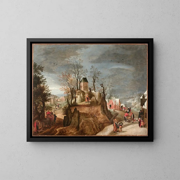 Allegory of the Seasons in a landscape - Jacob Grimmer — framed artwork on a wall
