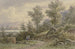 Uitzicht op het bos over een dorp en bergen - Jacob Hoffmann — weergave van het kunstwerk