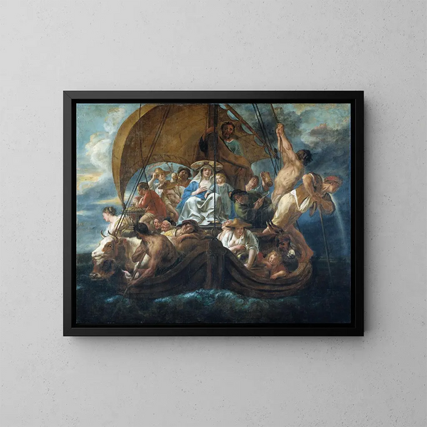 De Heilige Familie met diverse figuren en dieren in een boot - Jacob Jordaens — ingelijst kunstwerk aan de muur