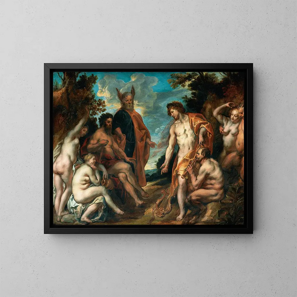 De muzikale wedstrijd tussen Apollo en Pan - Jacob Jordaens — ingelijst kunstwerk aan de muur