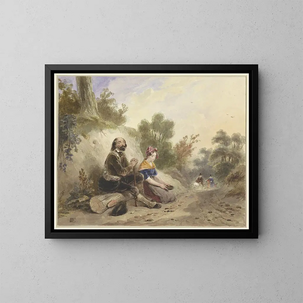 Un aveugle avec une fille mendiant au bord d'un chemin de campagne - Jacob Joseph Eeckhout — framed artwork on a wall