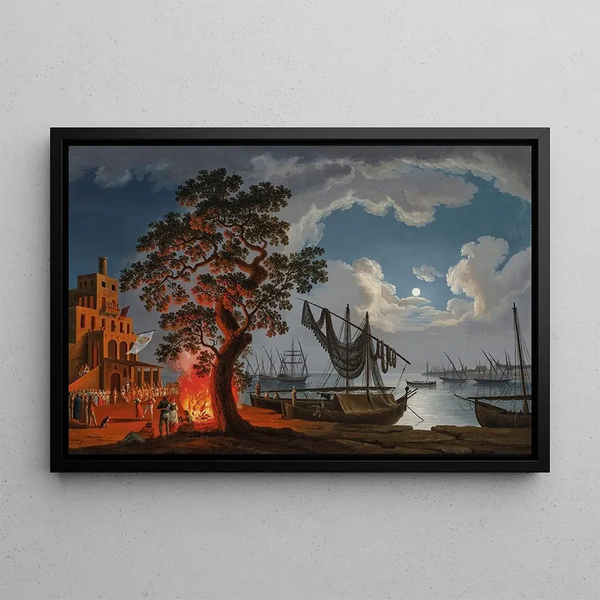Jacob Philipp Hackert - A customs house with dancers and musicians next to a fire boats in a bay beyond.webp