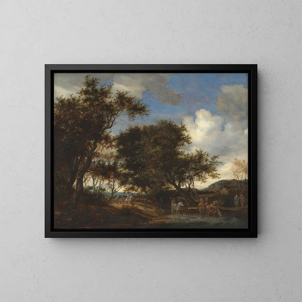 Landscape painting with travelers watering their horses - Jacob Salomonsz van Ruysdael — framed artwork on a wall