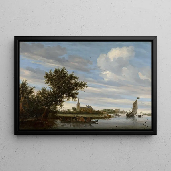 Jacob Salomonsz van Ruysdael - River View with Church and Ferry.webp
