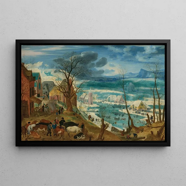 Jacob Savery the Elder - A winter landscape with peasants and cattle by a farmstead with skaters on a frozen river beyond.webp
