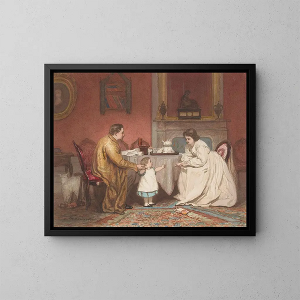 Interior painting with parents and their child - Jacob Taanman — framed artwork on a wall