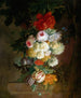Een bloemenkrans opgehangen aan een tak - Jacob Xavery — weergave van het kunstwerk