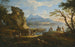 scène aan de haven met vissers die terugkeren aan wal, reizigers die een kamp opzetten en twee ruiters op een bergpas, bergen daarachter - Jacob de Heusch — weergave van het kunstwerk