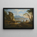 scène aan de haven met vissers die terugkeren aan wal, reizigers die een kamp opzetten en twee ruiters op een bergpas, bergen daarachter - Jacob de Heusch — ingelijst kunstwerk aan de muur