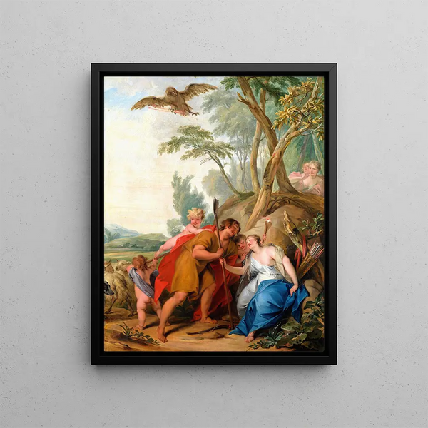 Jupiter dressed as a charming shepherd, Mnemosyne, the goddess of memory - Jacob de Wit — framed artwork on a wall