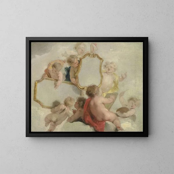 Putti with mirrors - Jacob de Wit — framed artwork on a wall