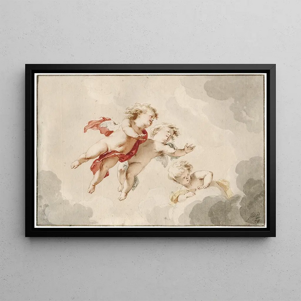 Trois putti volants - Jacob de Wit — framed artwork on a wall