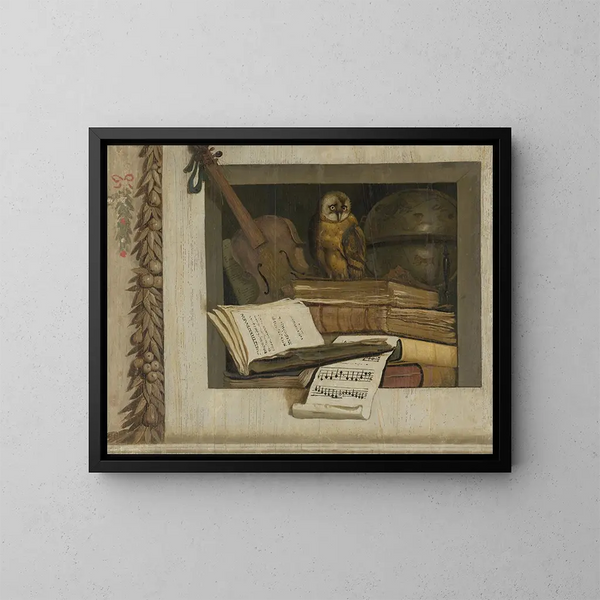 Nature morte with books, sheet music, a violin, a celestial globe, and an owl - Jacob van Campen — framed artwork on a wall