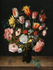 Een stilleven van tulpen, rozen, jacinthen, narcissen, een pioen en andere bloemen in een glazen roemer op een houten rand met een libel - Jacob van Hulsdonck — weergave van het kunstwerk