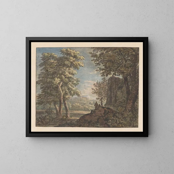 Landscape Arcadian with Ancient Ruins and Two Men - Jacob van Liender — framed artwork on a wall