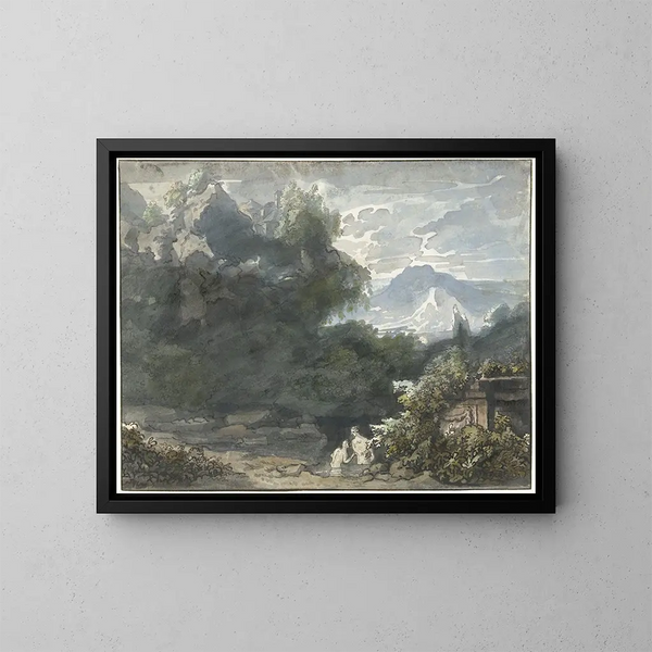 Fishermen near an ancient monument in a mountainous landscape - Jacob van Liender — framed artwork on a wall