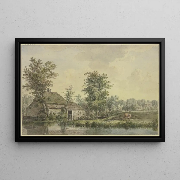 Jacob van Liender - Bauernhaus am Wasser bei einem Schubkarren eine Kuh.webp