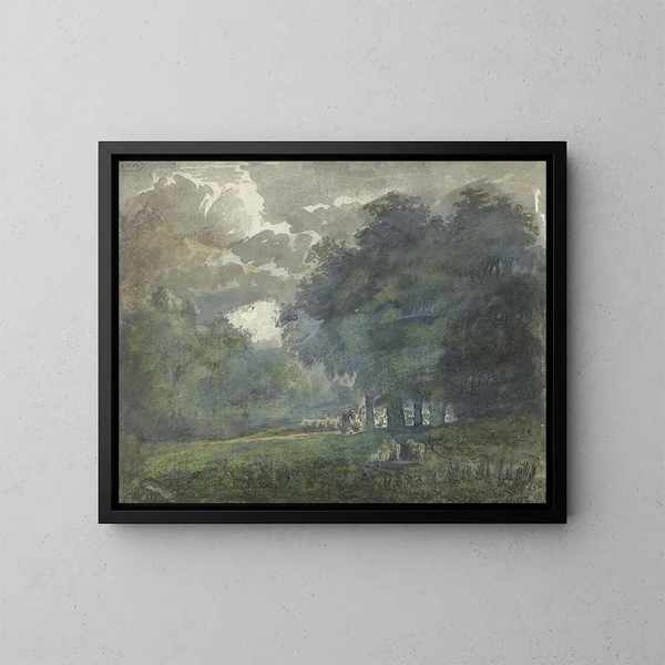 Shepherds with a flock in a wooded landscape - Jacob van Liender — framed artwork on a wall
