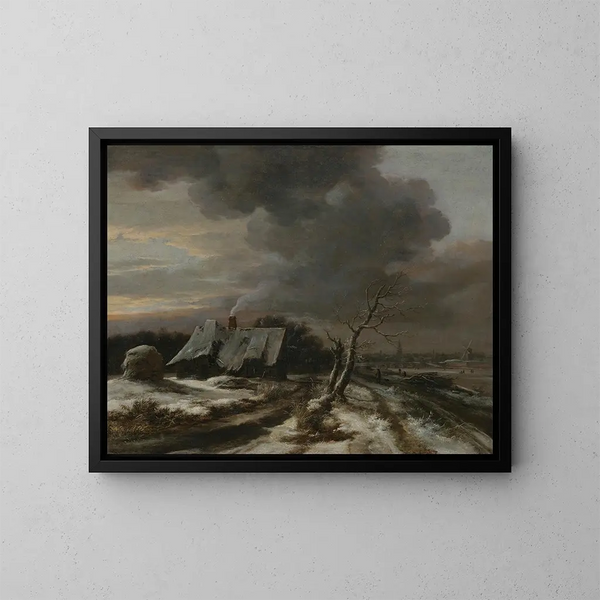 a winter landscape with a view of the Amstel River and Amsterdam in the distance - Jacob van Ruisdael — framed artwork on a wall