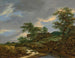 Een bebost landschap met een man en twee honden op een pad, een cottage daarachter - Jacob van Ruisdael — weergave van het kunstwerk