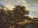 Een bebost landschap met cottages en een figuur vergezeld door honden op een zandweg - Jacob van Ruisdael — weergave van het kunstwerk