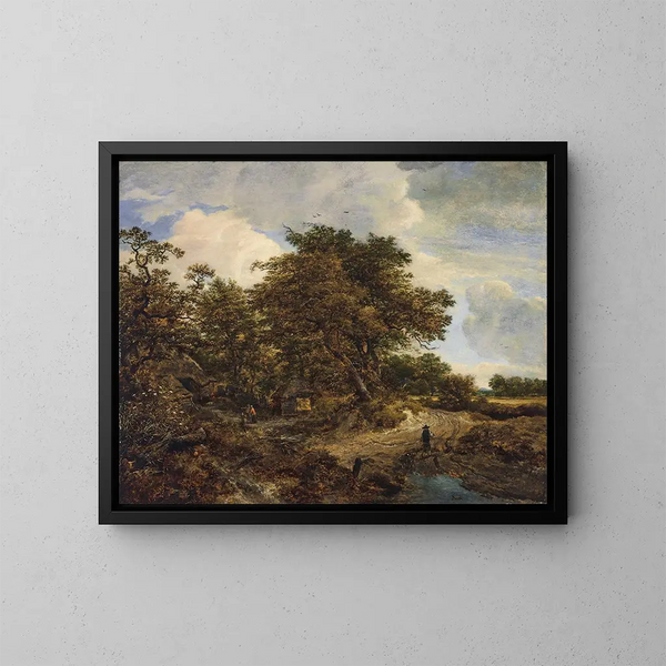 a wooded landscape with cottages and a figure accompanied by dogs on a dirt path - Jacob van Ruisdael — framed artwork on a wall