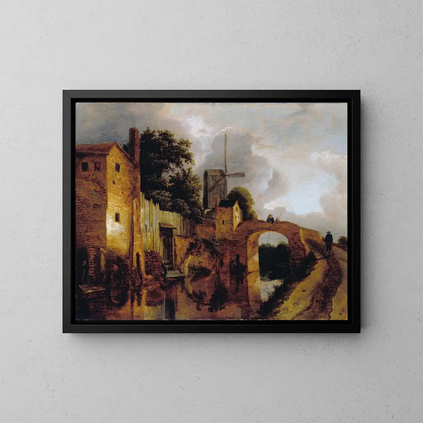 Canal with Bridge - Jacob van Ruisdael — framed artwork on a wall