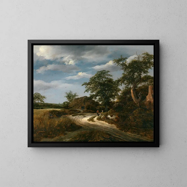 Landscape painting with a church - Jacob van Ruisdael — framed artwork on a wall