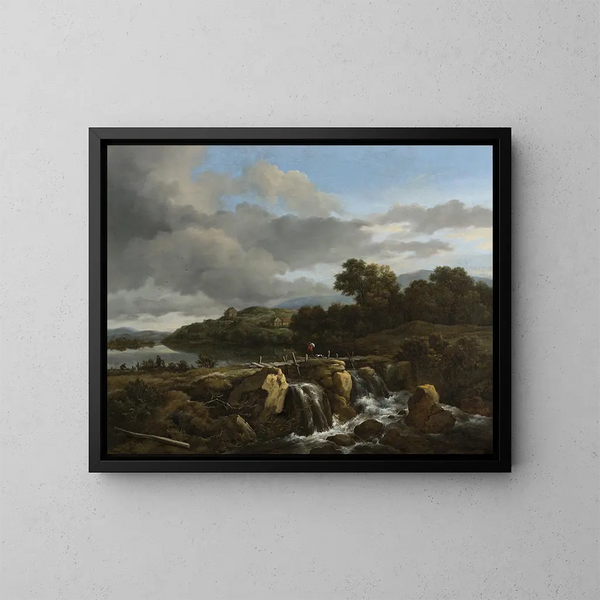 Landscape painting with waterfall - Jacob van Ruisdael — framed artwork on a wall