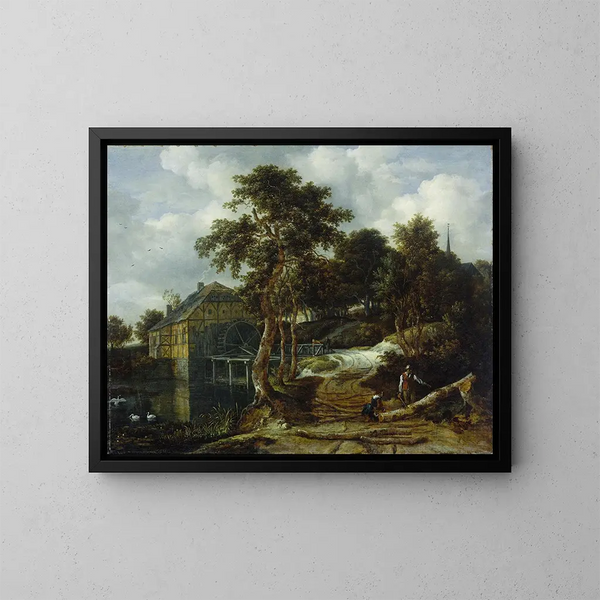 Landscape painting with a water mill - Jacob van Ruisdael — framed artwork on a wall