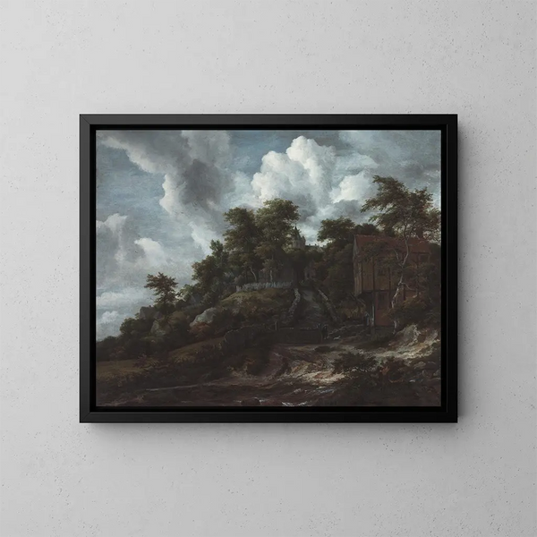 van een Bosrijke heuvel met uitzicht op het kasteel van Bentheim - Jacob van Ruisdael — ingelijst kunstwerk aan de muur