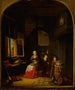 Binnenkant van een keuken met een vrouw die een ui pelt, een kind dat zich achter haar verstopt en een kind dat een kool vasthoudt op een ton - Jacob van Spreeuwen — weergave van het kunstwerk