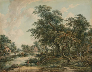 Landschapschilderij met bomen, figuren en huizen aan de oever - Jacob van Strij — weergave van het kunstwerk