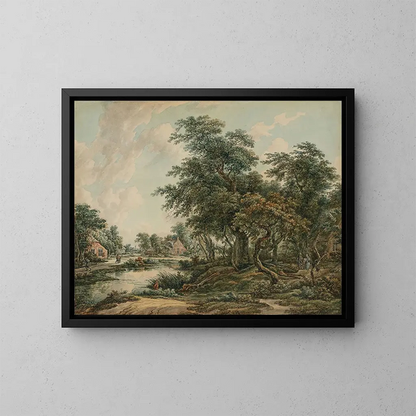 Landscape painting with figures and houses by the shoreline - Jacob van Strij — framed artwork on a wall