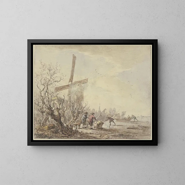 Riverbank painting with mill - Jacob van Strij — framed artwork on a wall