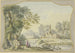 Landschapsschilderij met een ruïne aan de linkerkant naast een vaas onder bomen, twee figuren - Jacob van de Velde — weergave van het kunstwerk