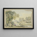 Landschapsschilderij met een ruïne aan de linkerkant naast een vaas onder bomen, twee figuren - Jacob van de Velde — ingelijst kunstwerk aan de muur