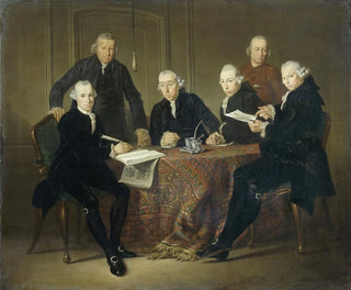 De Vier Regentessen, de secretaris en de vader van het huis der melaatsen in Amsterdam 1773 - Jacobus Luberti Augustini — weergave van het kunstwerk