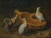 Vijf kuikens verzameld rond een waterkom - Jacobus Victors — weergave van het kunstwerk