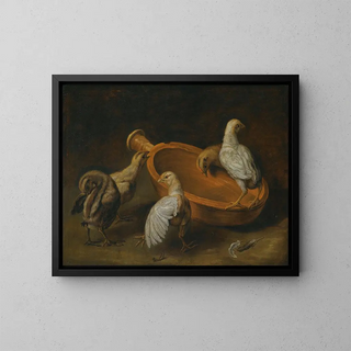 Jacobus Victors - Five Chicks Assembled Around A Bowl Of Water.webp