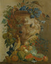 van een stilleven met meloenen, druiven, perziken en ander fruit in een stenen urn met vogels - Jacobus Vonck — weergave van het kunstwerk